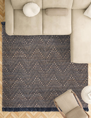 Navy Blue and White 5' 1 x 5' 1 Braided Jute Square Rug