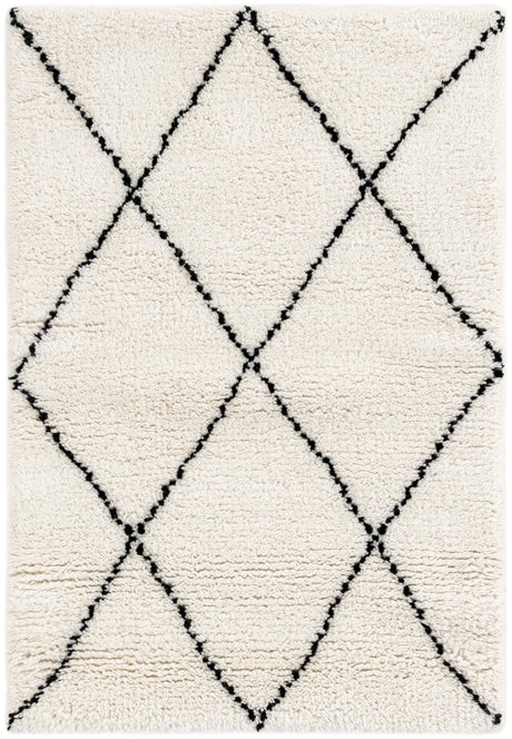 Ivory and Black 2' x 3' 1 Safiya Moroccan Wool Rectangle Area Rug Hand Knotted High Quality New Zealand Wool Luxury Carpet for Interior Design for Sale at Rug Engine