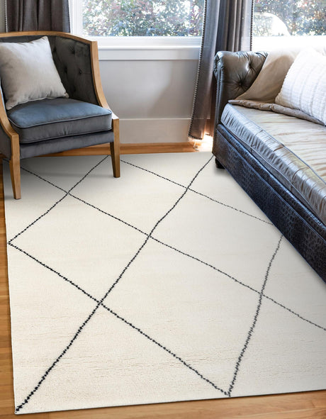 Ivory and Black 4' 1 x 6' 1 Safiya Moroccan Wool Rectangle Area Rug Hand Knotted High Quality New Zealand Wool Luxury Carpet for Interior Design for Sale at Rug Engine