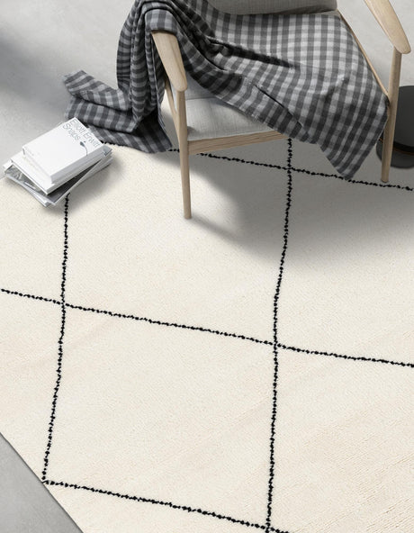 Ivory and Black 5' 1 x 8' Safiya Moroccan Wool Rectangle Area Rug Hand Knotted High Quality New Zealand Wool Luxury Carpet for Interior Design for Sale at Rug Engine