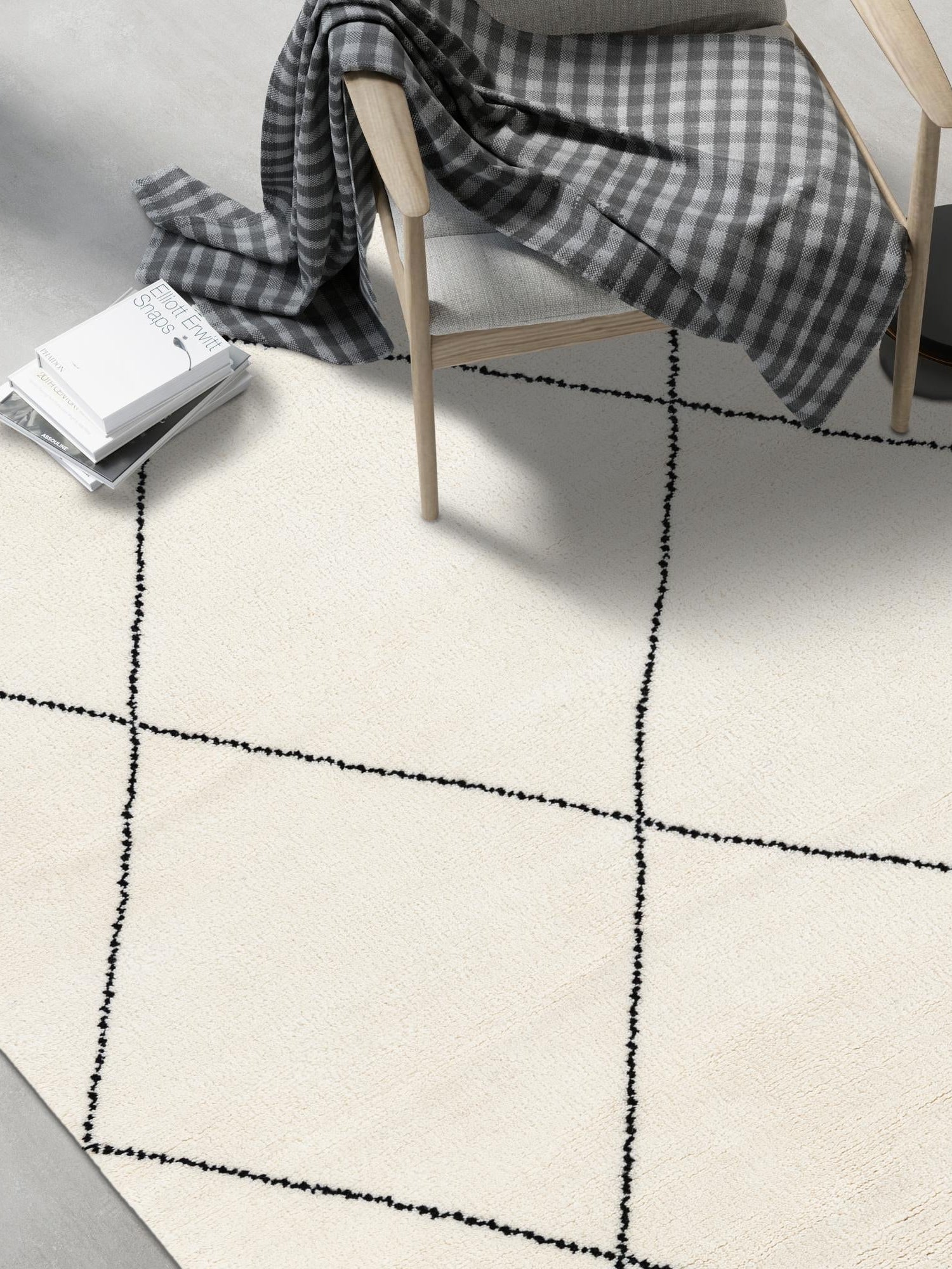 Ivory and Black 6' 1 x 9' Safiya Moroccan Wool Rectangle Area Rug Hand Knotted High Quality New Zealand Wool Luxury Carpet for Interior Design for Sale at Rug Engine