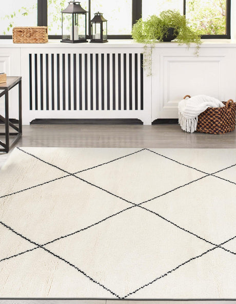 Ivory and Black 8' x 10' Safiya Moroccan Wool Rectangle Area Rug Hand Knotted High Quality New Zealand Wool Luxury Carpet for Interior Design for Sale at Rug Engine