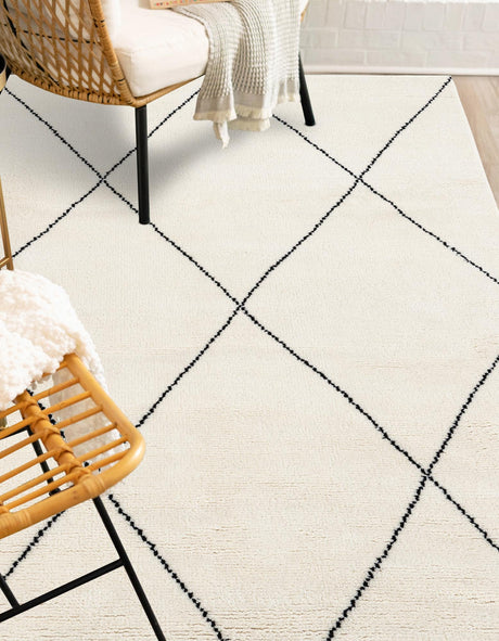 Ivory and Black 8' x 10' Safiya Moroccan Wool Rectangle Area Rug Hand Knotted High Quality New Zealand Wool Luxury Carpet for Interior Design for Sale at Rug Engine