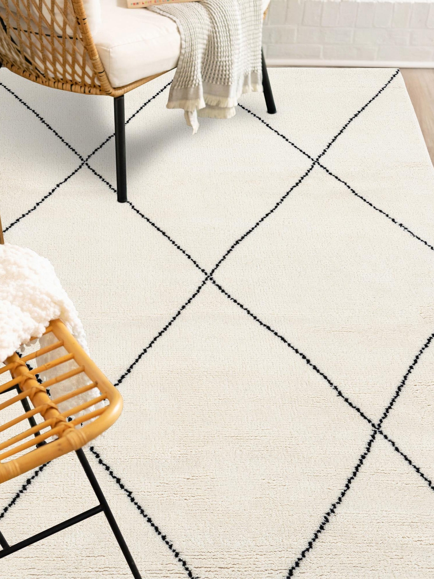 Ivory and Black 9' x 12' Safiya Moroccan Wool Rectangle Area Rug Hand Knotted High Quality New Zealand Wool Luxury Carpet for Interior Design for Sale at Rug Engine