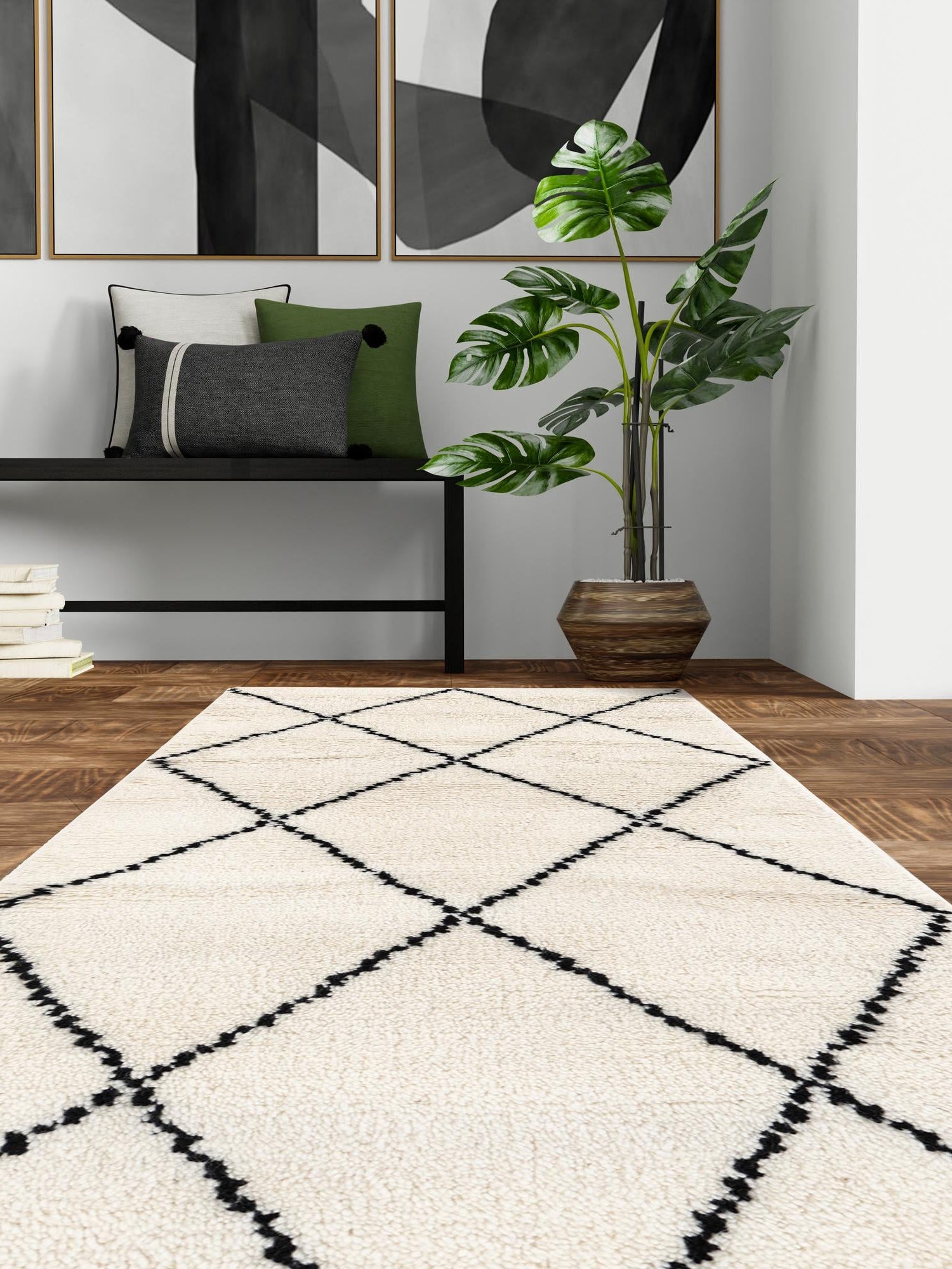Ivory and Black 2' x 6' 1 Safiya Moroccan Wool Runner Area Rug Hand Knotted High Quality New Zealand Wool Luxury Carpet for Interior Design for Sale at Rug Engine