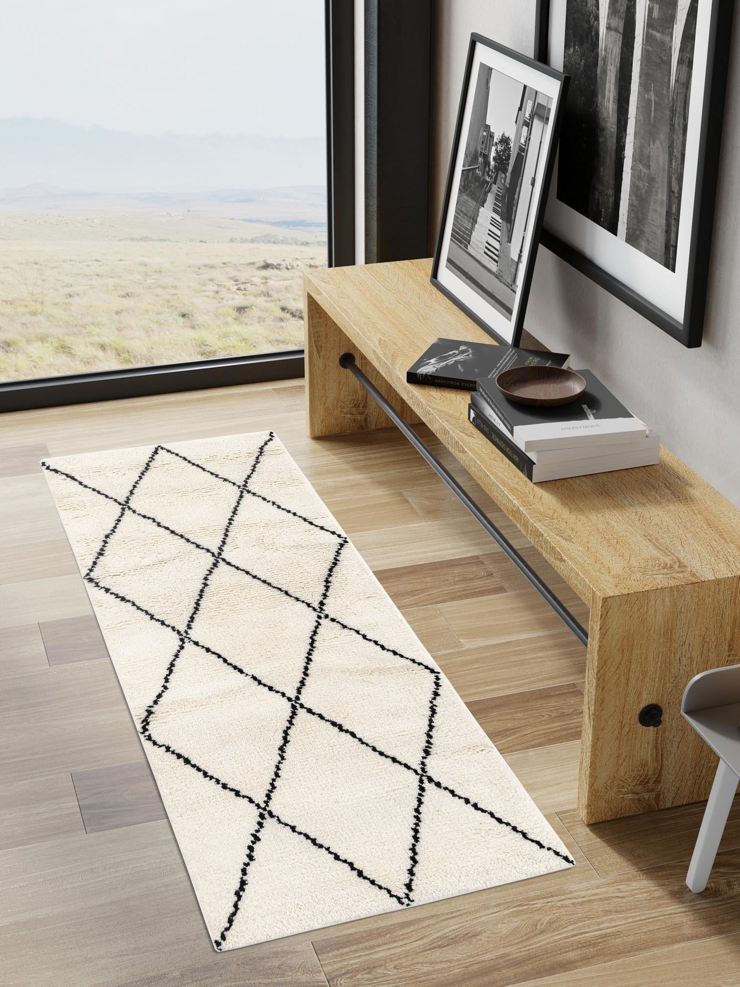 Ivory and Black 2' x 5' 1 Safiya Moroccan Wool Runner Area Rug Hand Knotted High Quality New Zealand Wool Luxury Carpet for Interior Design for Sale at Rug Engine
