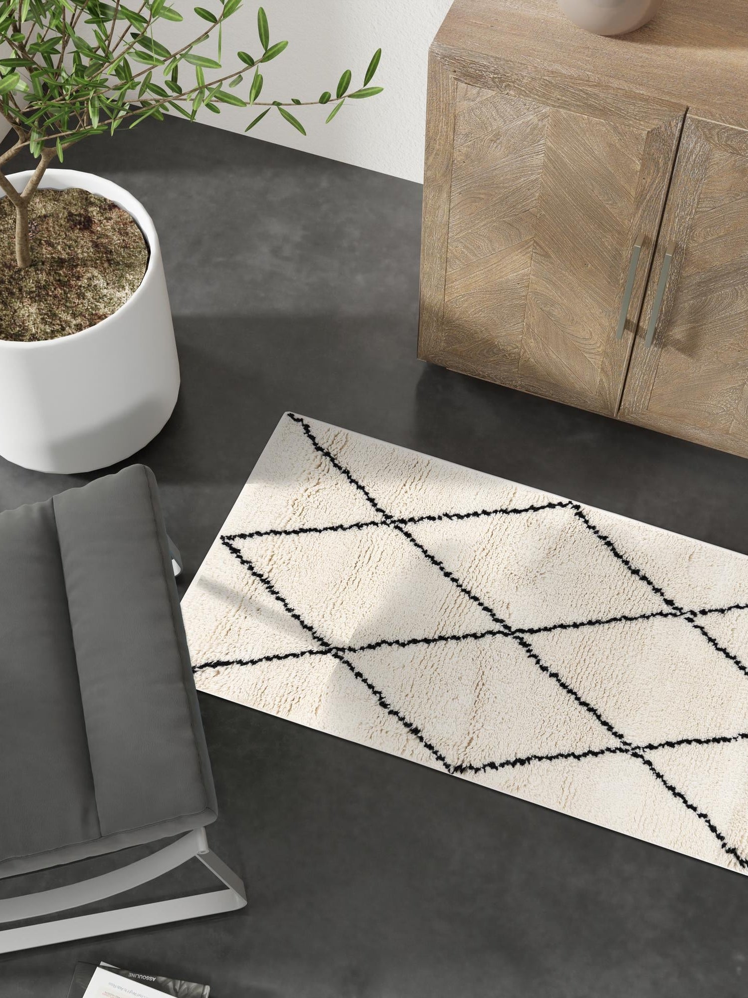 Ivory and Black 2' x 6' 1 Safiya Moroccan Wool Runner Area Rug Hand Knotted High Quality New Zealand Wool Luxury Carpet for Interior Design for Sale at Rug Engine