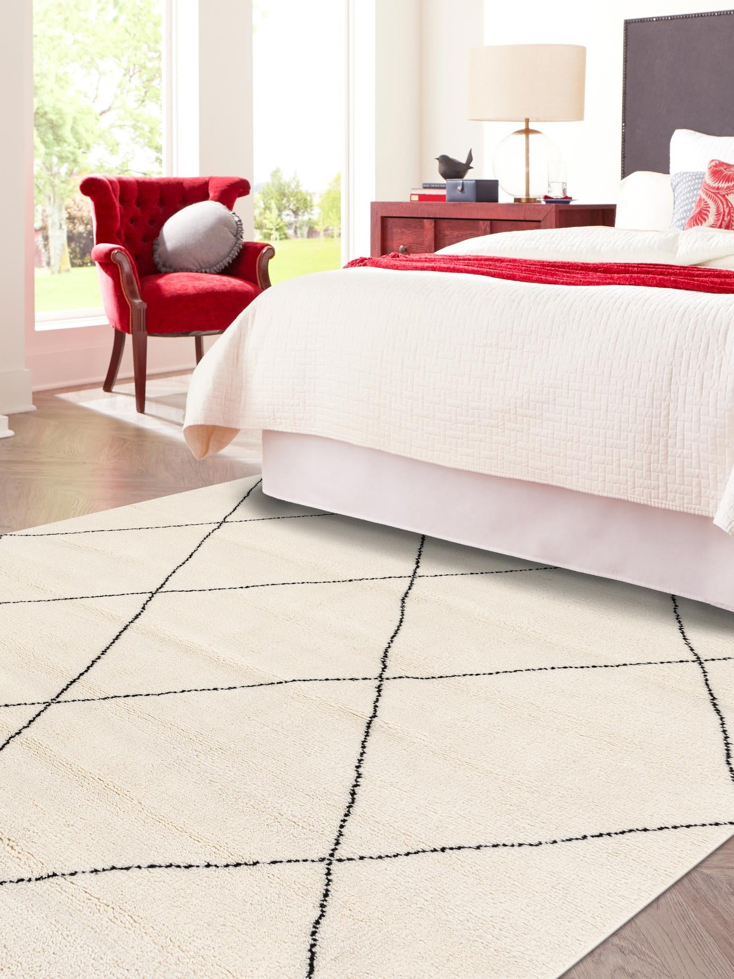 Ivory and Black 8' x 8' Safiya Moroccan Wool Square Area Rug Hand Knotted High Quality New Zealand Wool Luxury Carpet for Interior Design for Sale at Rug Engine