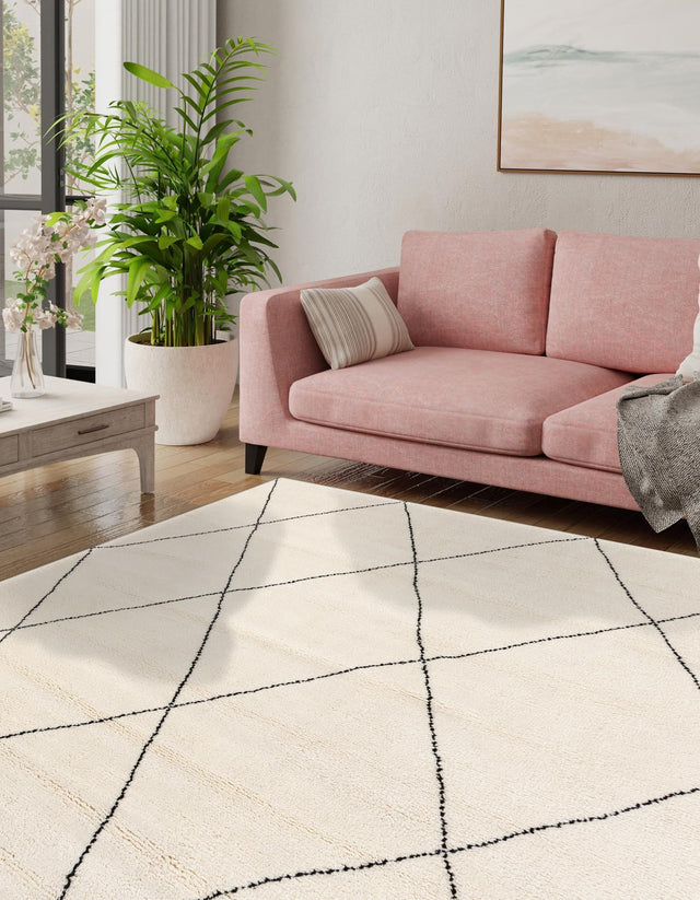 Ivory and Black 8' x 8' Safiya Moroccan Wool Square Area Rug
