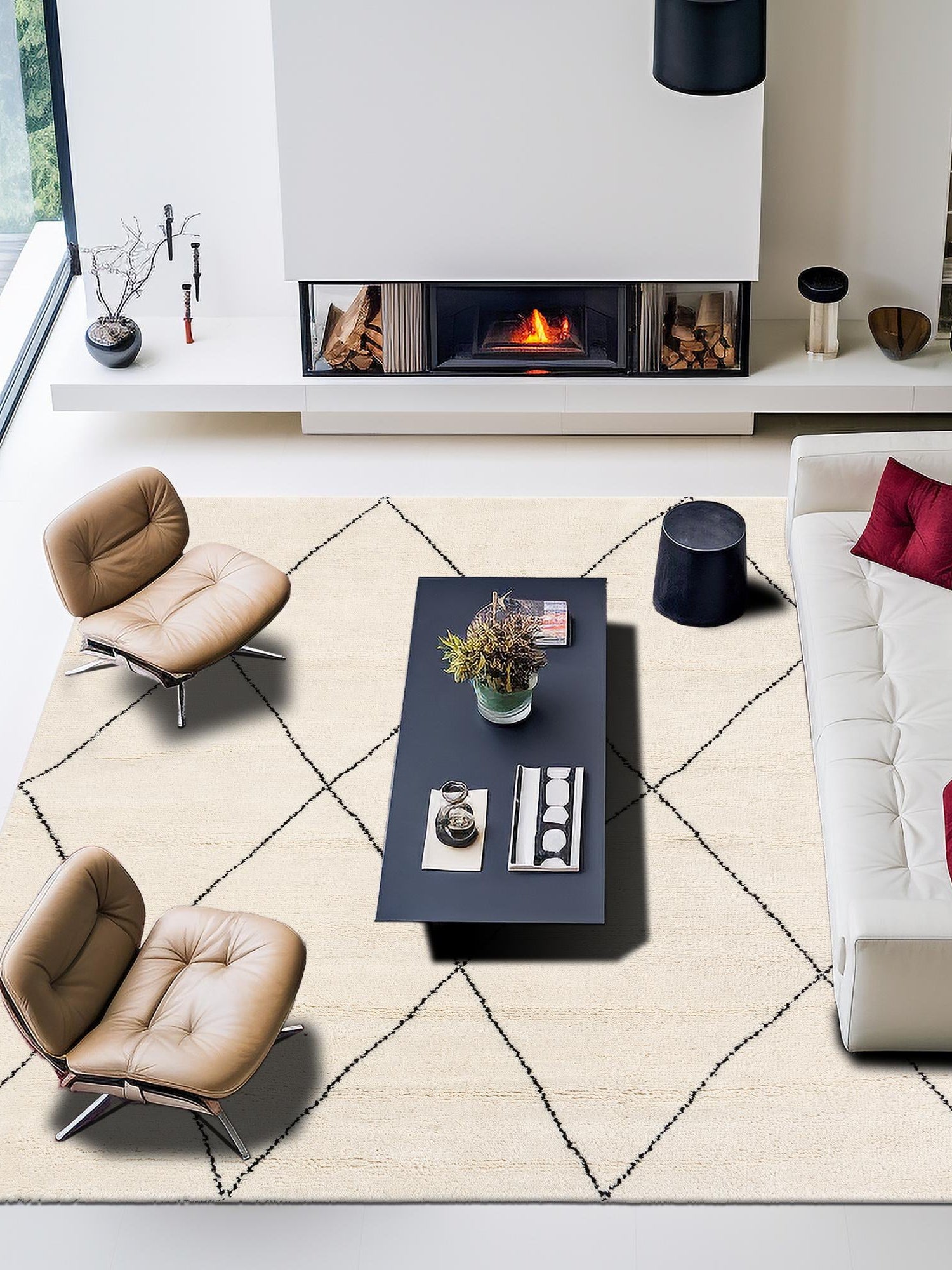 Ivory and Black 8' x 8' Safiya Moroccan Wool Square Area Rug Hand Knotted High Quality New Zealand Wool Luxury Carpet for Interior Design for Sale at Rug Engine