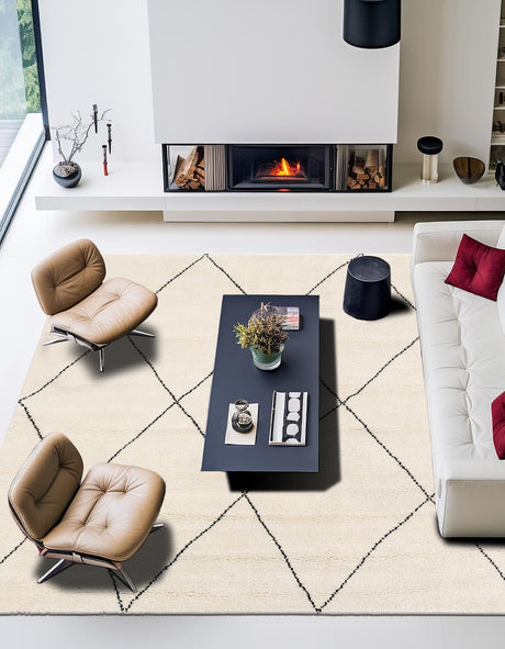 Ivory and Black 8' x 8' Safiya Moroccan Wool Square Area Rug Hand Knotted High Quality New Zealand Wool Luxury Carpet for Interior Design for Sale at Rug Engine