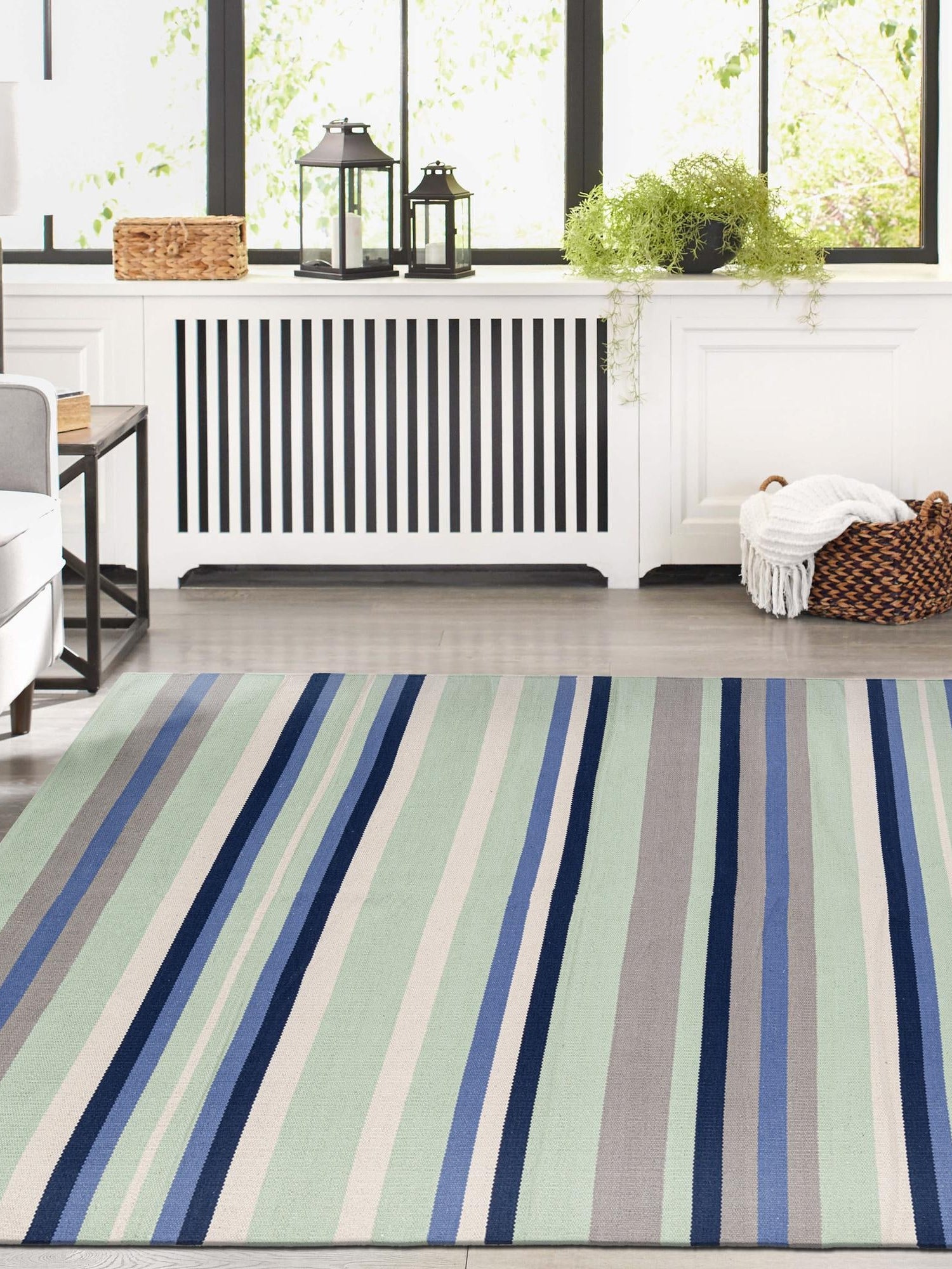 Aqua Blue and Gray 5' 1 x 8' Flatweave Cotton Dhurrie Rectangle Area Rug 100% Chenille All Natural Carpet for Living Rooms, Dining Rooms, Entryway, Foyer for Sale at Rug Engine