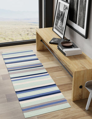 Aqua Blue and Gray 2' x 5' 1 Flatweave Cotton Dhurrie Runner Area Rug 100% Chenille All Natural Carpet for Living Rooms, Dining Rooms, Entryway, Foyer for Sale at Rug Engine