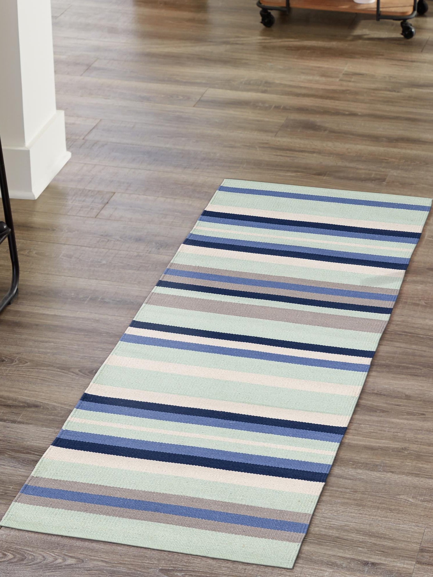 Aqua Blue and Gray 2' 7 x 12' Flatweave Cotton Dhurrie Runner Area Rug 100% Chenille All Natural Carpet for Living Rooms, Dining Rooms, Entryway, Foyer for Sale at Rug Engine
