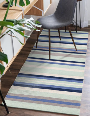 Aqua Blue and Gray 2' x 8' Flatweave Cotton Dhurrie Runner Area Rug 100% Chenille All Natural Carpet for Living Rooms, Dining Rooms, Entryway, Foyer for Sale at Rug Engine