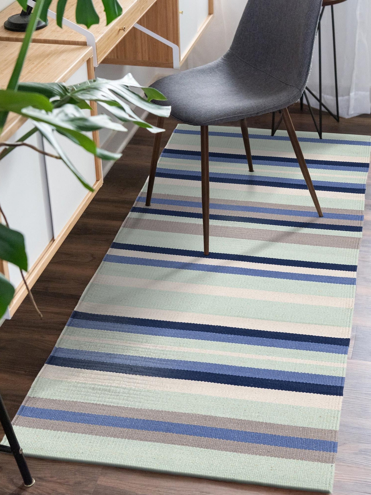 Aqua Blue and Gray 2' 7 x 10' Flatweave Cotton Dhurrie Runner Area Rug 100% Chenille All Natural Carpet for Living Rooms, Dining Rooms, Entryway, Foyer for Sale at Rug Engine