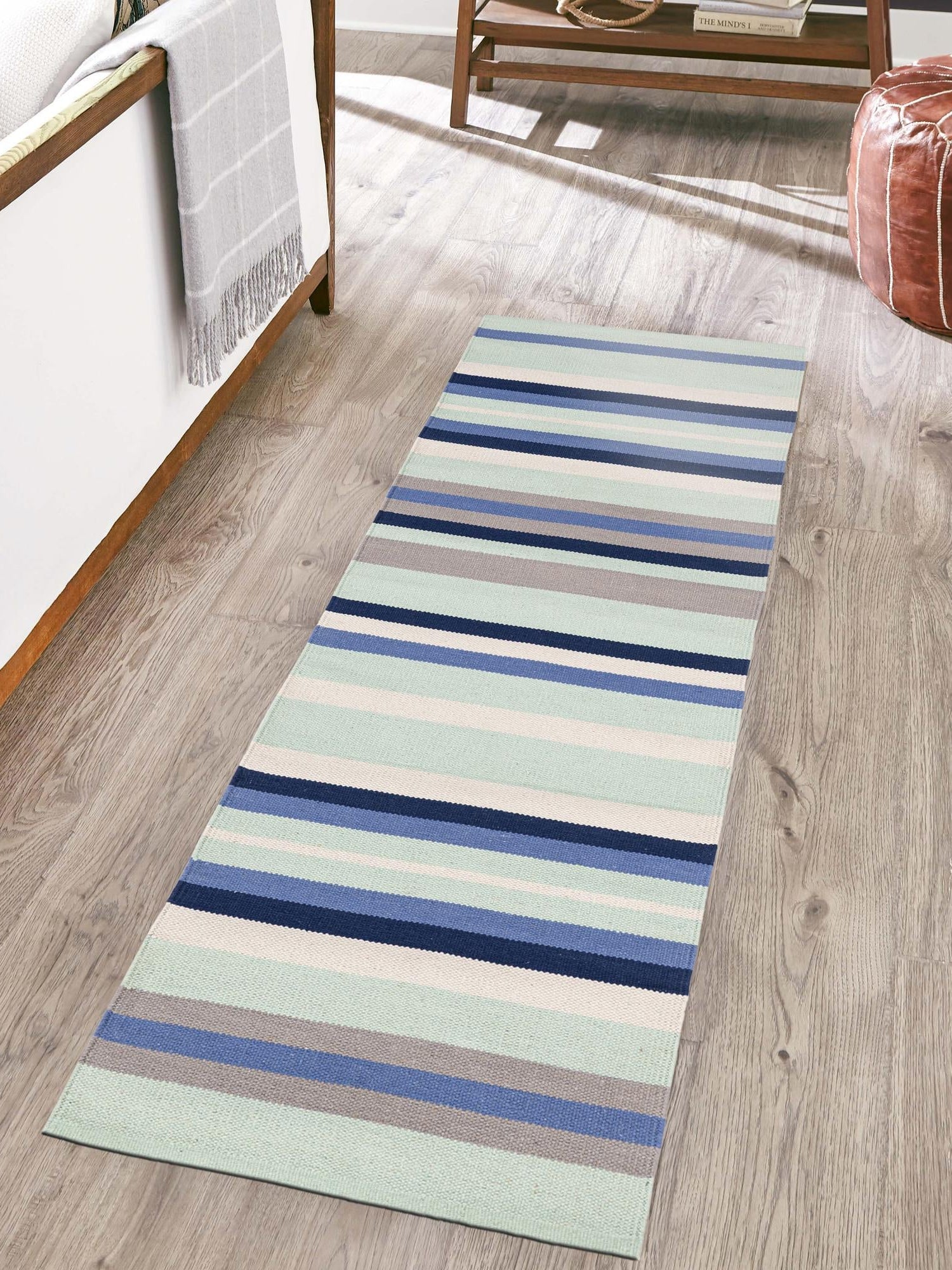 Aqua Blue and Gray 2' x 5' 1 Flatweave Cotton Dhurrie Runner Area Rug 100% Chenille All Natural Carpet for Living Rooms, Dining Rooms, Entryway, Foyer for Sale at Rug Engine