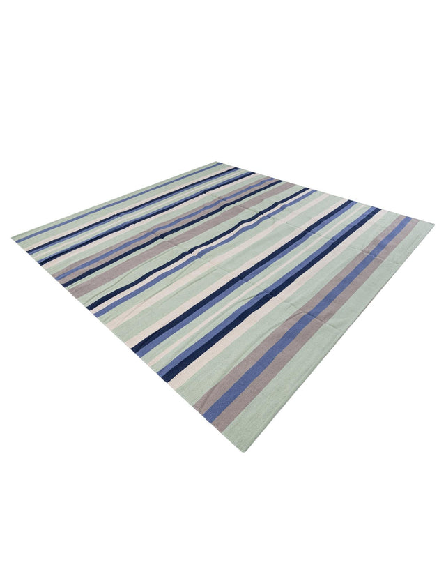 Aqua Blue and Gray 7' 10 x 7' 10 Flatweave Cotton Dhurrie Square Area Rug 100% Chenille All Natural Carpet for Living Rooms, Dining Rooms, Entryway, Foyer for Sale at Rug Engine