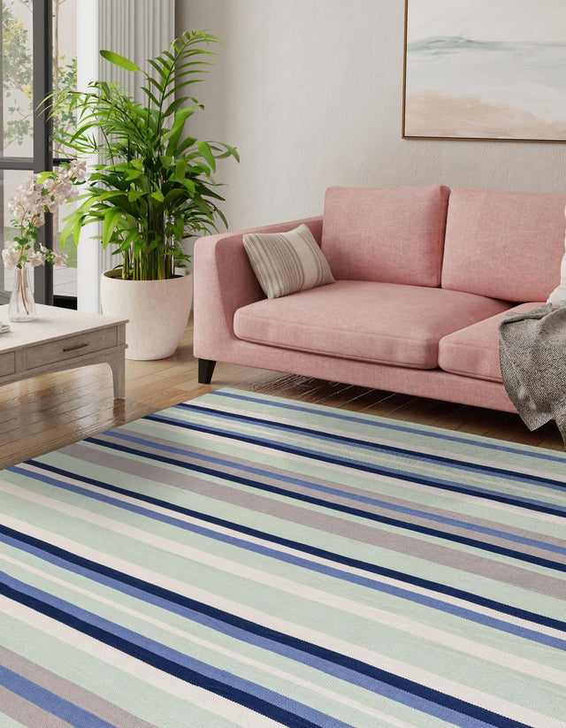 Aqua Blue and Gray 7' 10 x 7' 10 Flatweave Cotton Dhurrie Square Area Rug 100% Chenille All Natural Carpet for Living Rooms, Dining Rooms, Entryway, Foyer for Sale at Rug Engine