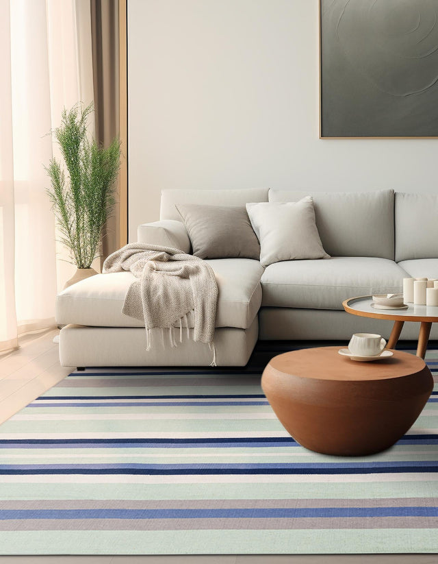 Aqua Blue and Gray 7' 10 x 7' 10 Flatweave Cotton Dhurrie Square Area Rug 100% Chenille All Natural Carpet for Living Rooms, Dining Rooms, Entryway, Foyer for Sale at Rug Engine