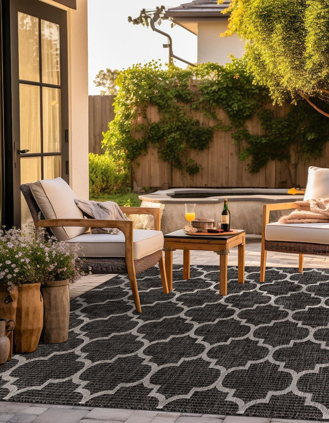 Black 6' 1 x 6' 1 Outdoor Trellis Square Area Rug Weather Resistant for Patio, Deck, Terrace, Balcony, Porch Geometric Design Water Safe Outside Carpet for Sale at Rug Engine