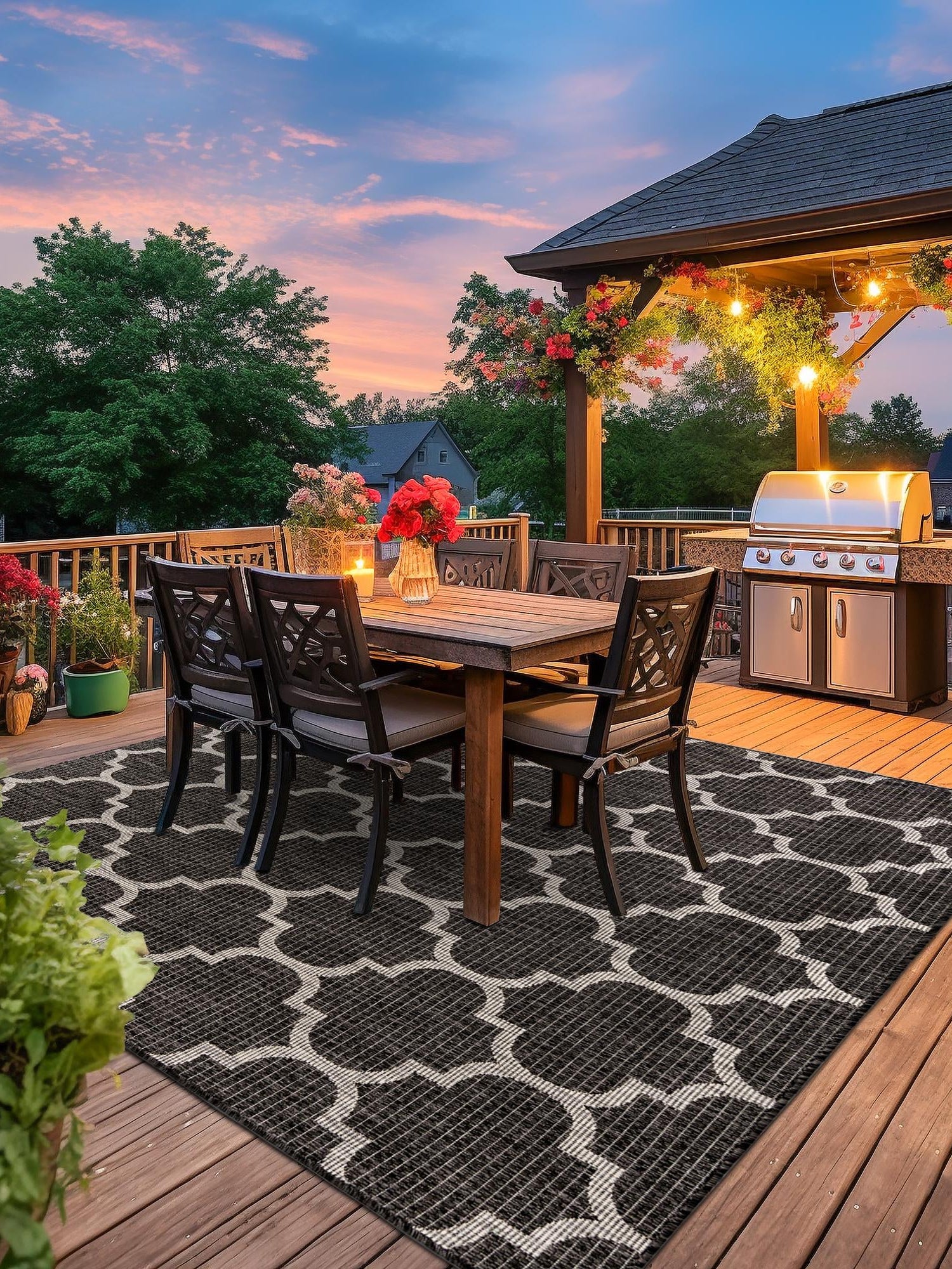Black 10' 8 x 10' 8 Outdoor Trellis Square Area Rug Weather Resistant for Patio, Deck, Terrace, Balcony, Porch Geometric Design Water Safe Outside Carpet for Sale at Rug Engine