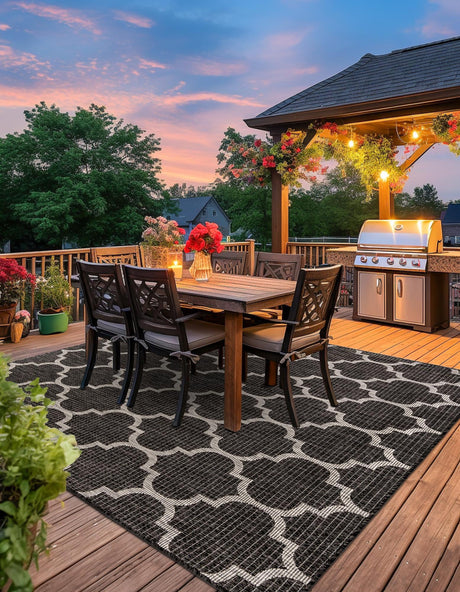 Black 10' 8 x 10' 8 Outdoor Trellis Square Area Rug Weather Resistant for Patio, Deck, Terrace, Balcony, Porch Geometric Design Water Safe Outside Carpet for Sale at Rug Engine