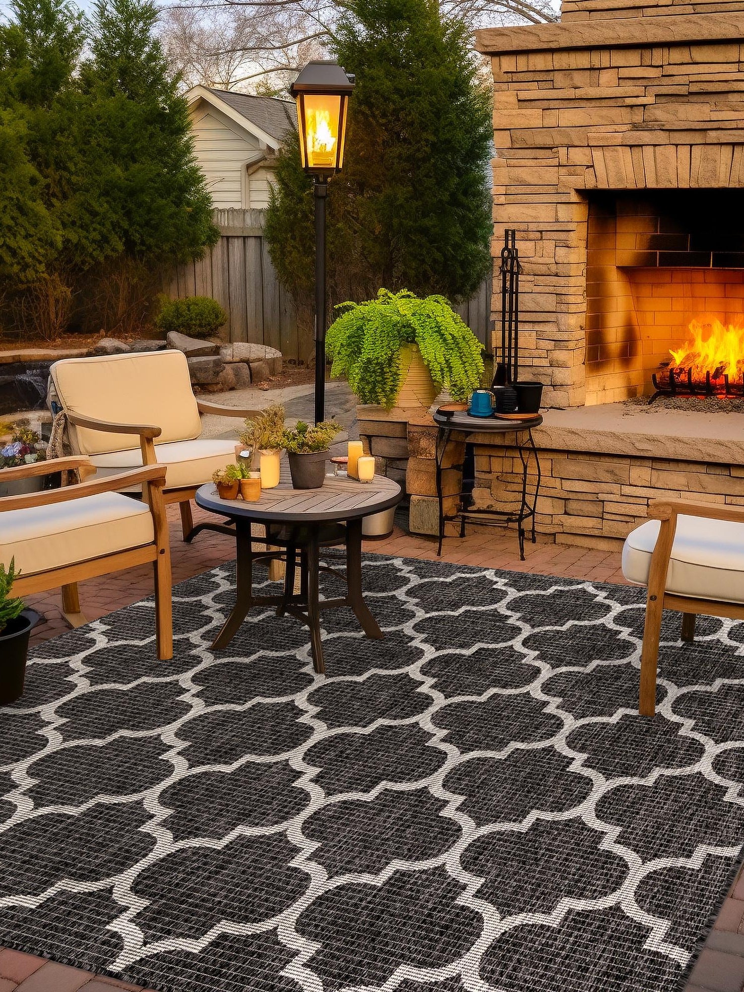 Black 10' 8 x 10' 8 Outdoor Trellis Square Area Rug Weather Resistant for Patio, Deck, Terrace, Balcony, Porch Geometric Design Water Safe Outside Carpet for Sale at Rug Engine