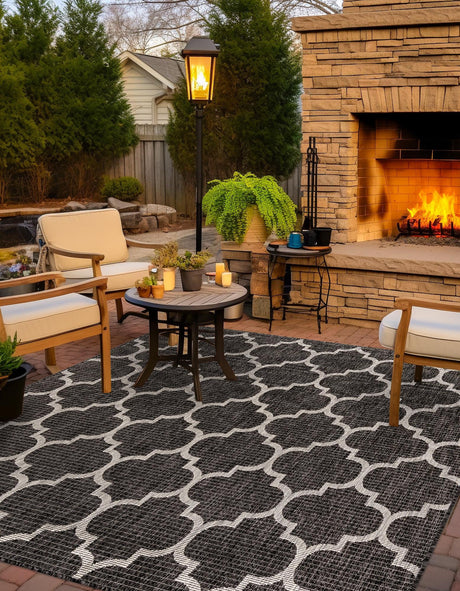 Black 10' 8 x 10' 8 Outdoor Trellis Square Area Rug Weather Resistant for Patio, Deck, Terrace, Balcony, Porch Geometric Design Water Safe Outside Carpet for Sale at Rug Engine