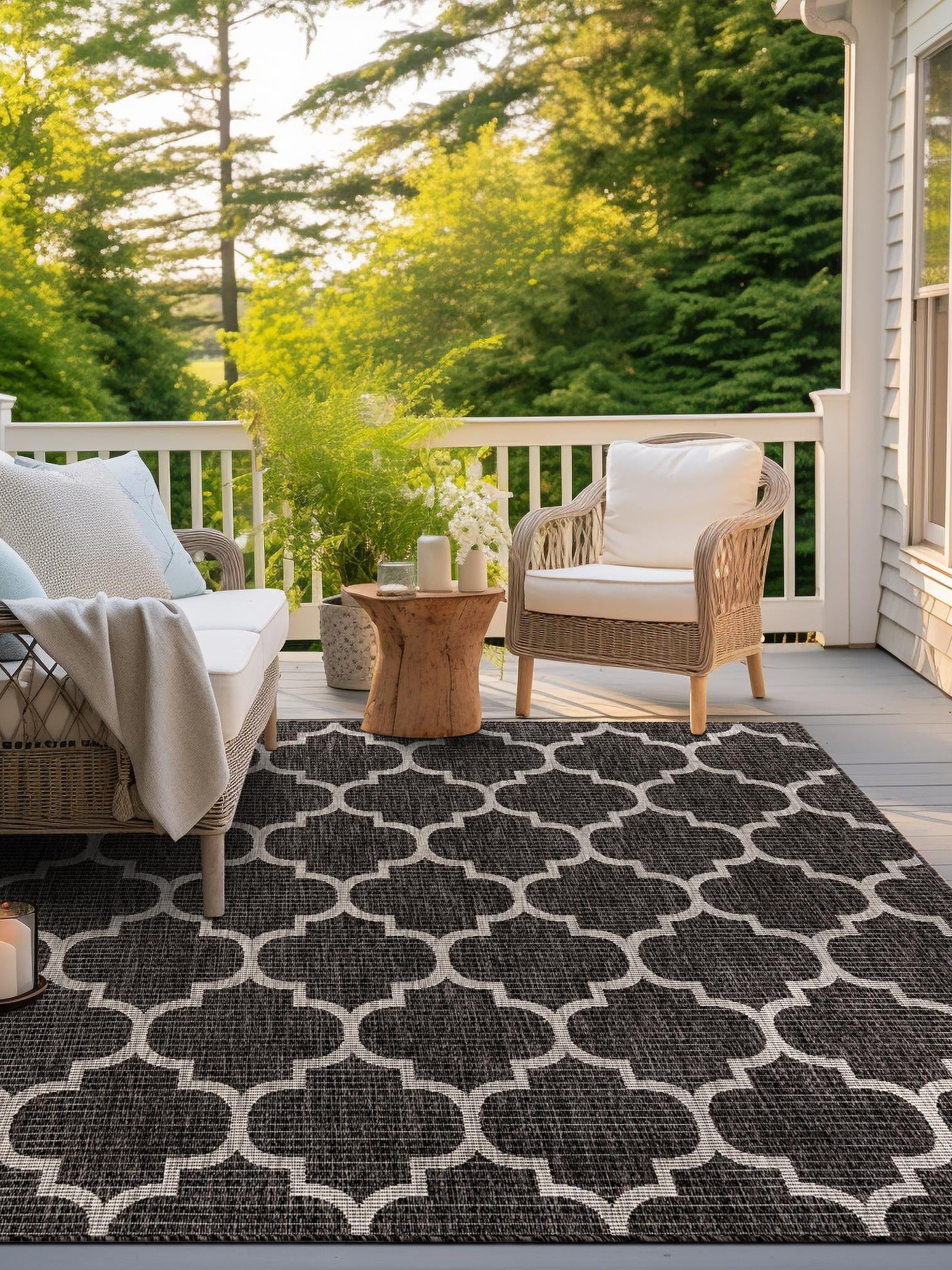 Black 10' 8 x 10' 8 Outdoor Trellis Square Area Rug Weather Resistant for Patio, Deck, Terrace, Balcony, Porch Geometric Design Water Safe Outside Carpet for Sale at Rug Engine