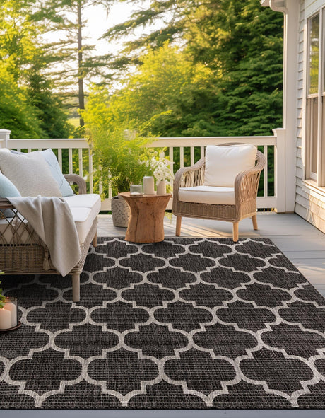 Black 10' 8 x 10' 8 Outdoor Trellis Square Area Rug Weather Resistant for Patio, Deck, Terrace, Balcony, Porch Geometric Design Water Safe Outside Carpet for Sale at Rug Engine