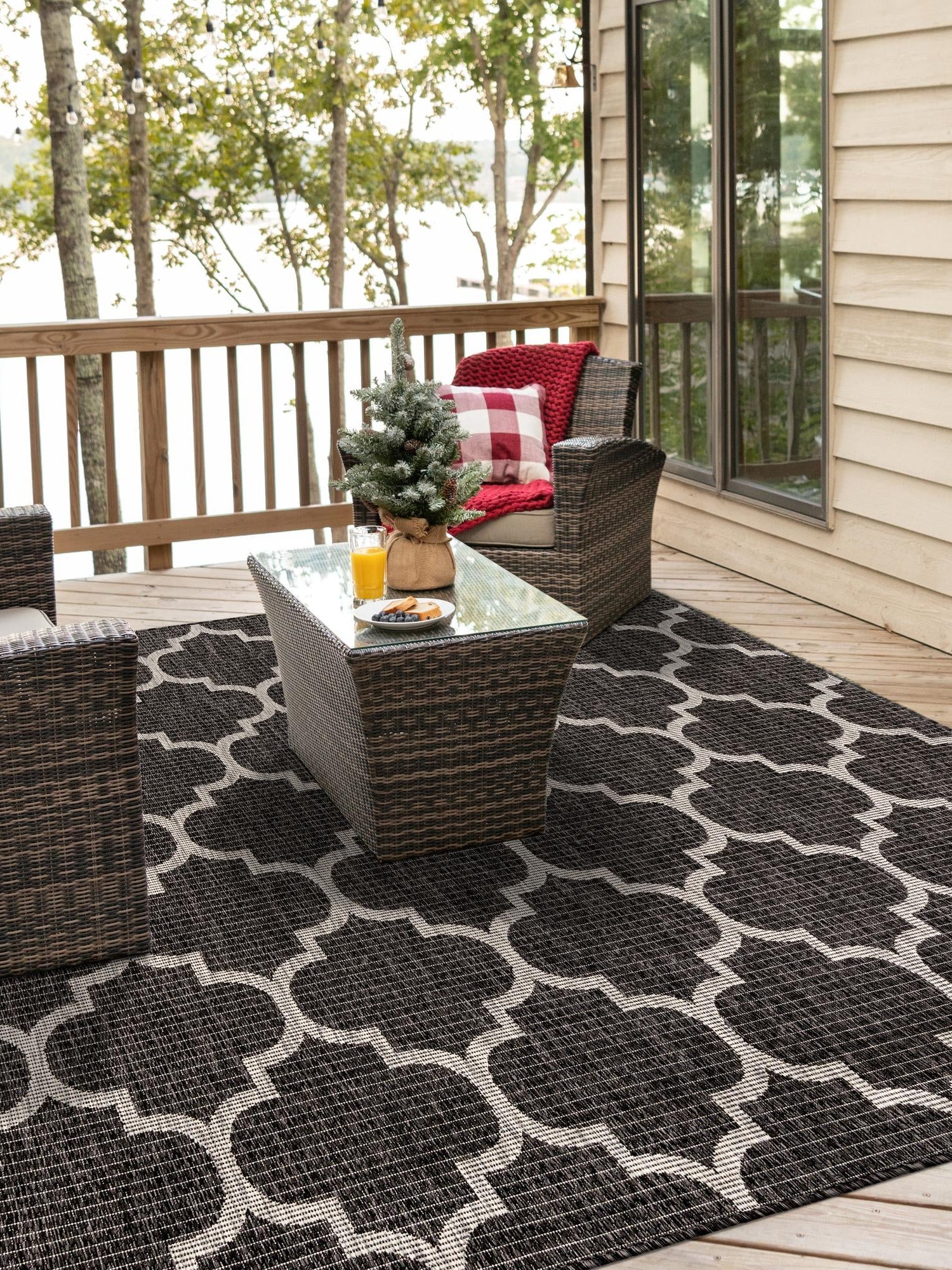 Black 10' 8 x 10' 8 Outdoor Trellis Square Area Rug Weather Resistant for Patio, Deck, Terrace, Balcony, Porch Geometric Design Water Safe Outside Carpet for Sale at Rug Engine