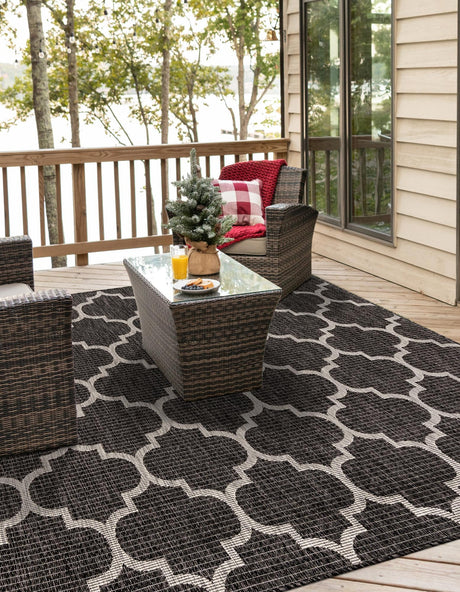 Black 10' 8 x 10' 8 Outdoor Trellis Square Area Rug Weather Resistant for Patio, Deck, Terrace, Balcony, Porch Geometric Design Water Safe Outside Carpet for Sale at Rug Engine