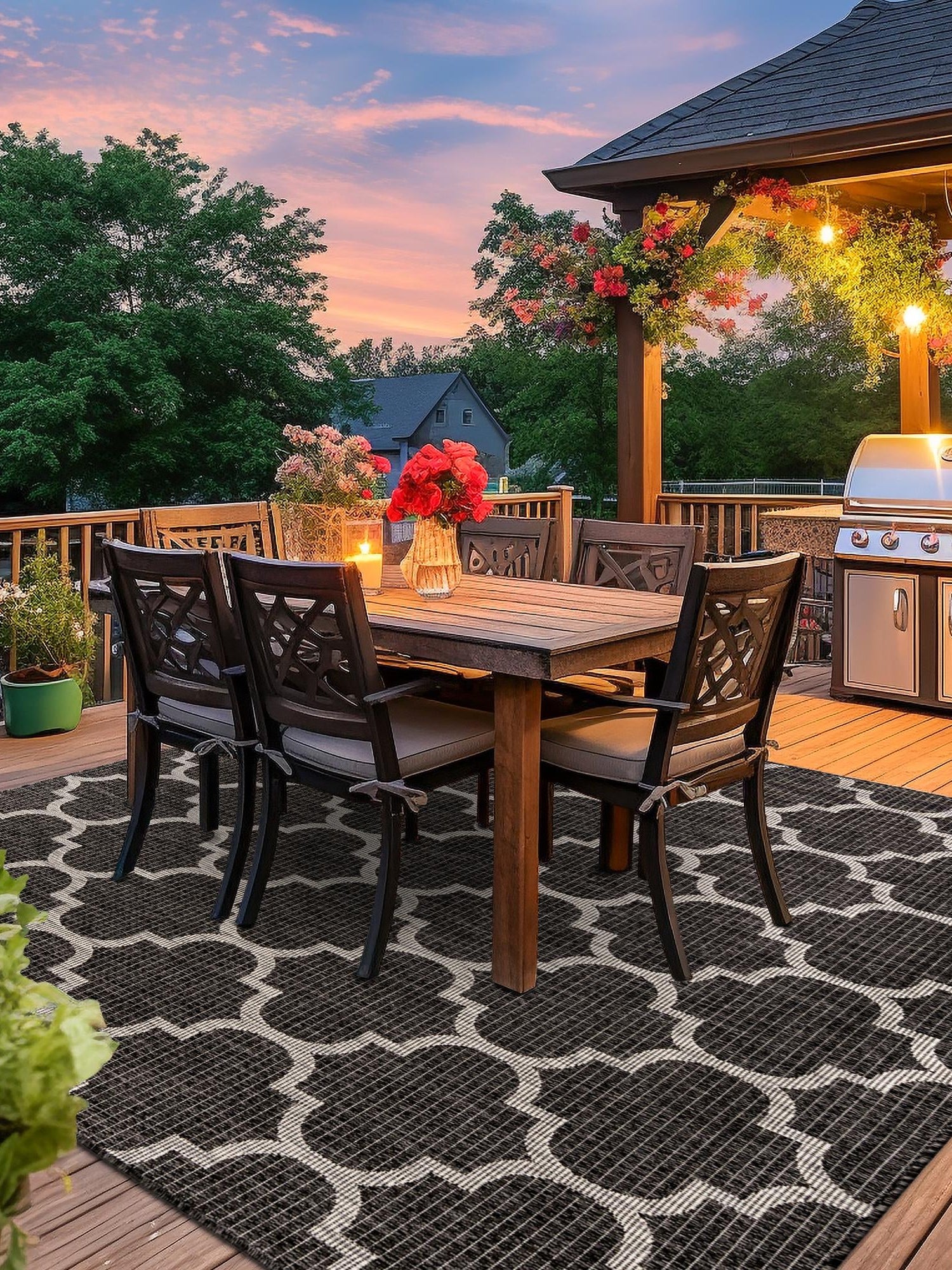 Black 10' 8 x 10' 8 Outdoor Trellis Square Area Rug Weather Resistant for Patio, Deck, Terrace, Balcony, Porch Geometric Design Water Safe Outside Carpet for Sale at Rug Engine