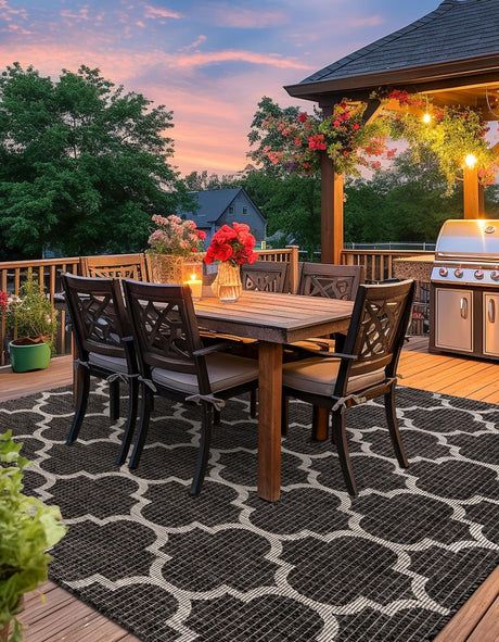 Black 10' 8 x 10' 8 Outdoor Trellis Square Area Rug Weather Resistant for Patio, Deck, Terrace, Balcony, Porch Geometric Design Water Safe Outside Carpet for Sale at Rug Engine