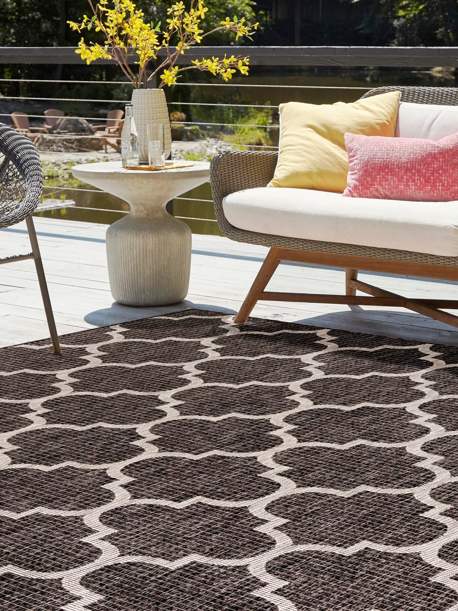 Black 6' 1 x 6' 1 Outdoor Trellis Square Area Rug Weather Resistant for Patio, Deck, Terrace, Balcony, Porch Geometric Design Water Safe Outside Carpet for Sale at Rug Engine