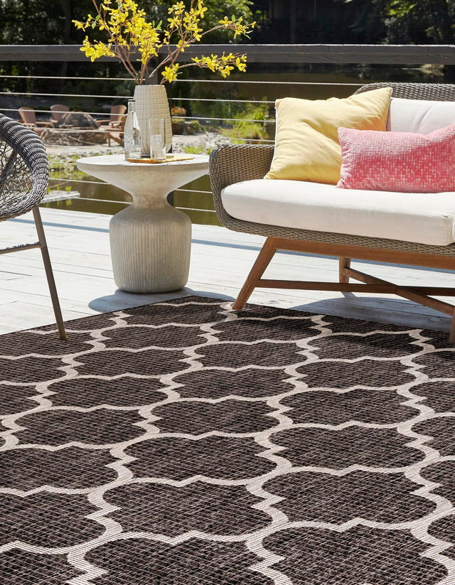 Black 10' 8 x 10' 8 Outdoor Trellis Square Area Rug Weather Resistant for Patio, Deck, Terrace, Balcony, Porch