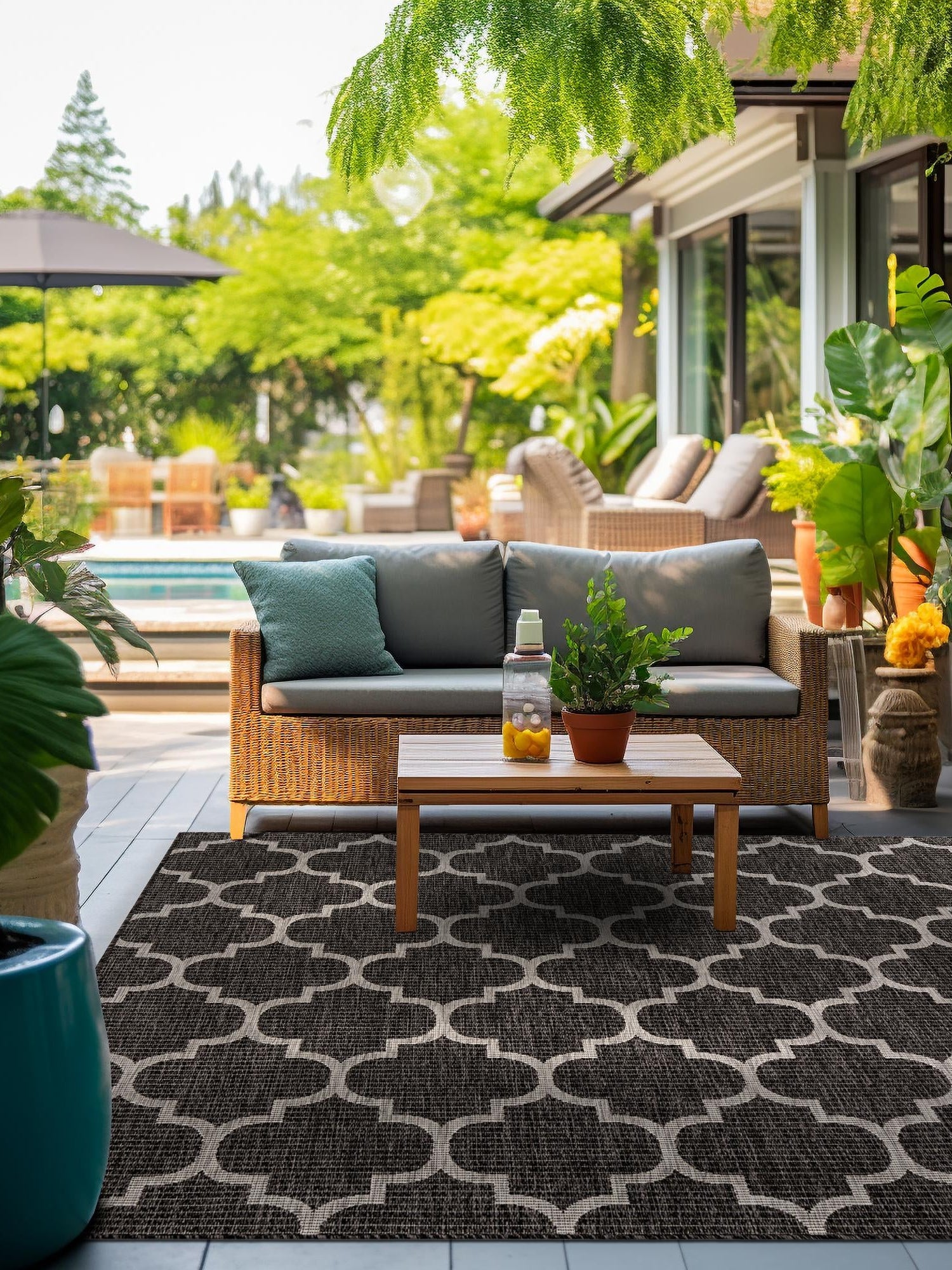 Black 10' 8 x 10' 8 Outdoor Trellis Square Area Rug Weather Resistant for Patio, Deck, Terrace, Balcony, Porch Geometric Design Water Safe Outside Carpet for Sale at Rug Engine