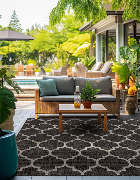 Black 10' 8 x 10' 8 Outdoor Trellis Square Area Rug Weather Resistant for Patio, Deck, Terrace, Balcony, Porch Geometric Design Water Safe Outside Carpet for Sale at Rug Engine