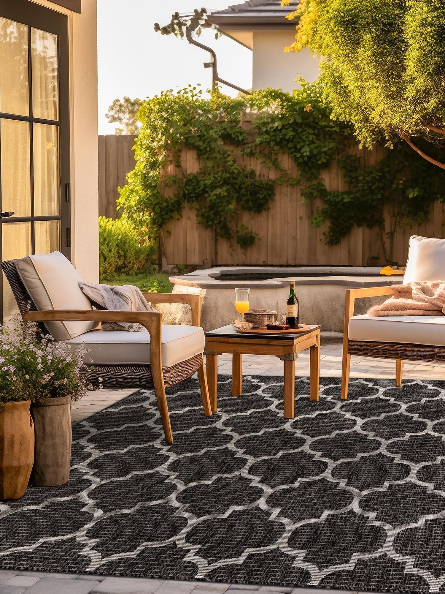 Black 10' 8 x 10' 8 Outdoor Trellis Square Area Rug Weather Resistant for Patio, Deck, Terrace, Balcony, Porch Geometric Design Water Safe Outside Carpet for Sale at Rug Engine