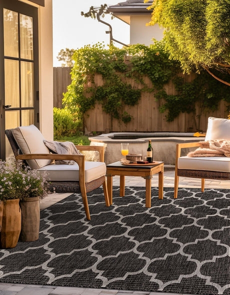 Black 10' 8 x 10' 8 Outdoor Trellis Square Area Rug Weather Resistant for Patio, Deck, Terrace, Balcony, Porch Geometric Design Water Safe Outside Carpet for Sale at Rug Engine