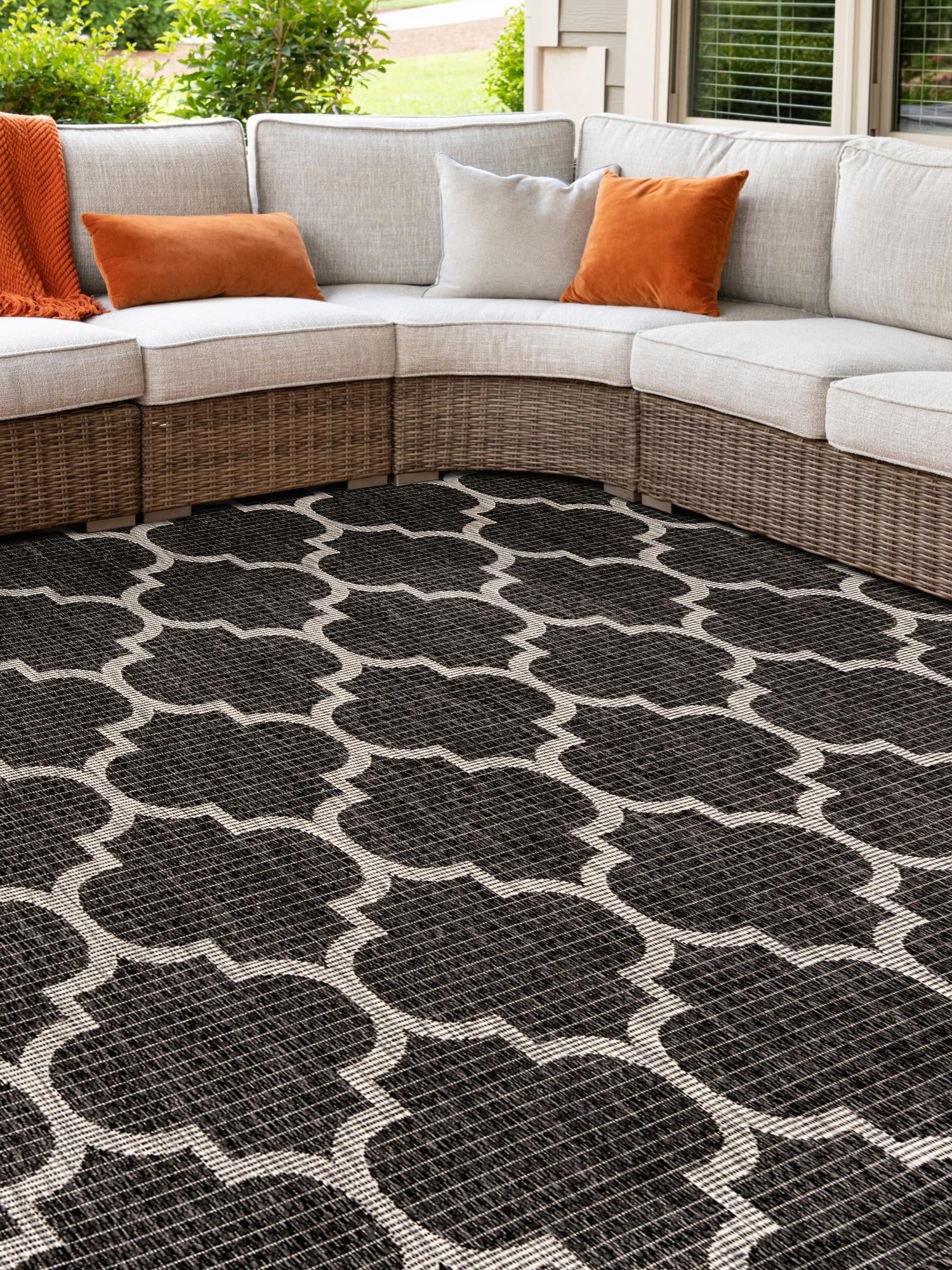 Black 10' 8 x 10' 8 Outdoor Trellis Square Area Rug Weather Resistant for Patio, Deck, Terrace, Balcony, Porch Geometric Design Water Safe Outside Carpet for Sale at Rug Engine