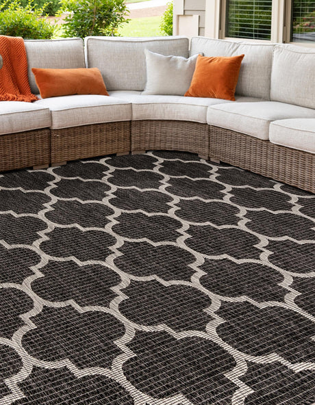 Black 10' 8 x 10' 8 Outdoor Trellis Square Area Rug Weather Resistant for Patio, Deck, Terrace, Balcony, Porch Geometric Design Water Safe Outside Carpet for Sale at Rug Engine