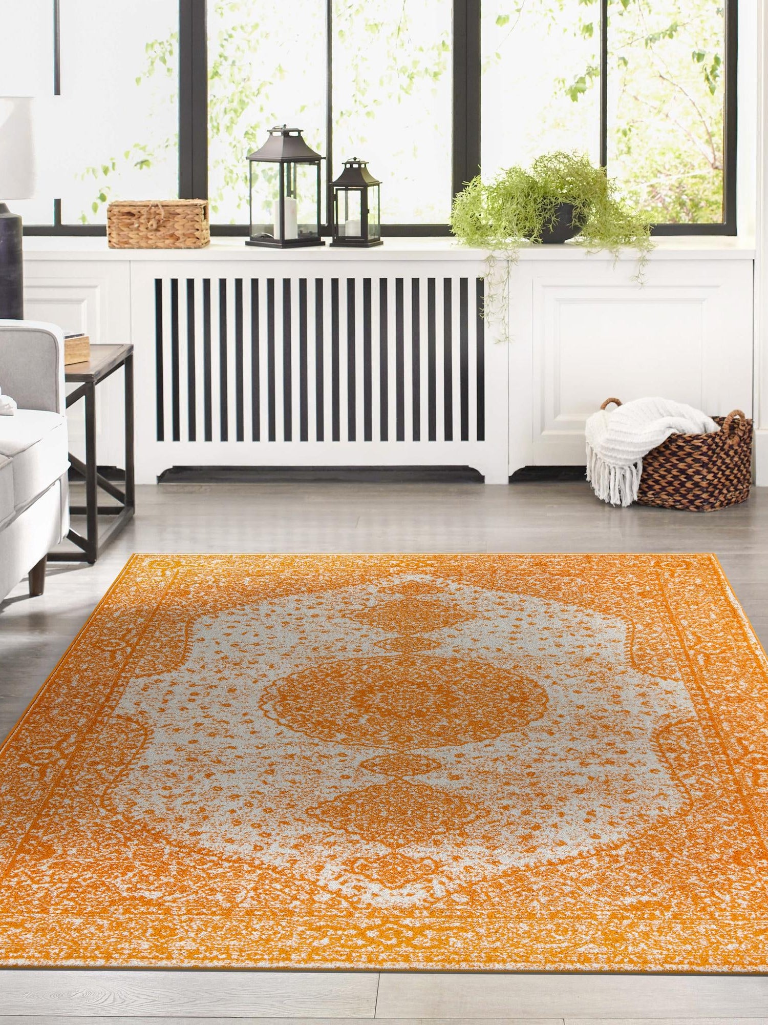 Orange 7' 10 x 10' Bromley Rectangle Area Rug 100% Polypropylene With Cotton Backing Vintage Distressed Colorful Traditional Carpet for Living Dining Rooms Offices for Sale at Rug Engine