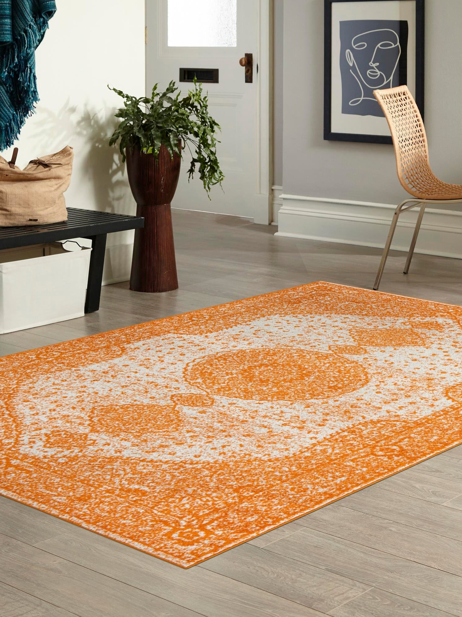 Orange 7' 10 x 10' Bromley Rectangle Area Rug 100% Polypropylene With Cotton Backing Vintage Distressed Colorful Traditional Carpet for Living Dining Rooms Offices for Sale at Rug Engine
