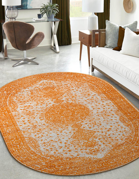 Orange 5' 3 x 8' Bromley Oval Area Rug 100% Polypropylene With Cotton Backing Vintage Distressed Colorful Traditional Carpet for Living Dining Rooms Offices for Sale at Rug Engine