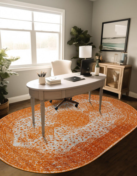 Orange 5' 3 x 8' Bromley Oval Area Rug 100% Polypropylene With Cotton Backing Vintage Distressed Colorful Traditional Carpet for Living Dining Rooms Offices for Sale at Rug Engine