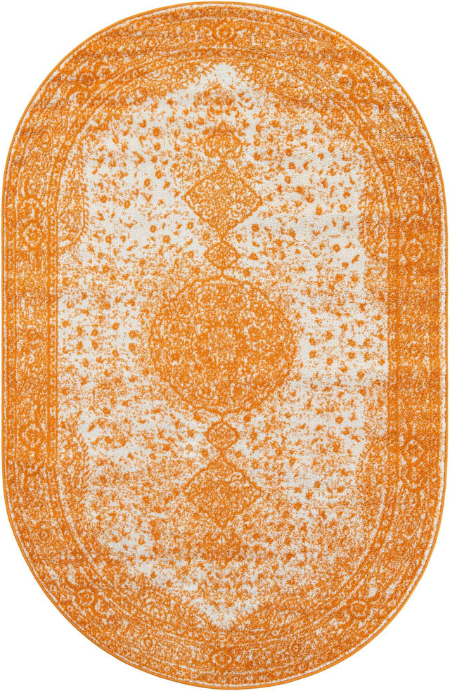 Orange 5' 3 x 8' Bromley Oval Area Rug 100% Polypropylene With Cotton Backing Vintage Distressed Colorful Traditional Carpet for Living Dining Rooms Offices for Sale at Rug Engine