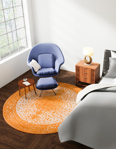 Orange 10' x 10' Bromley Round Area Rug 100% Polypropylene With Cotton Backing Vintage Distressed Colorful Traditional Carpet for Living Dining Rooms Offices for Sale at Rug Engine