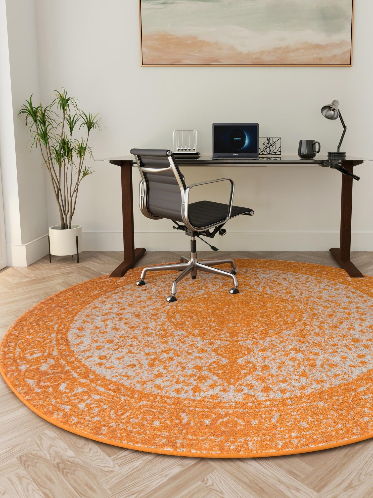 Orange 5' 3 x 5' 3 Bromley Round Area Rug 100% Polypropylene With Cotton Backing Vintage Distressed Colorful Traditional Carpet for Living Dining Rooms Offices for Sale at Rug Engine